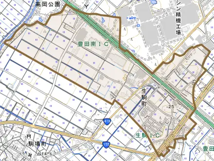 生駒町とその周辺の地図。町の範囲を重ねている