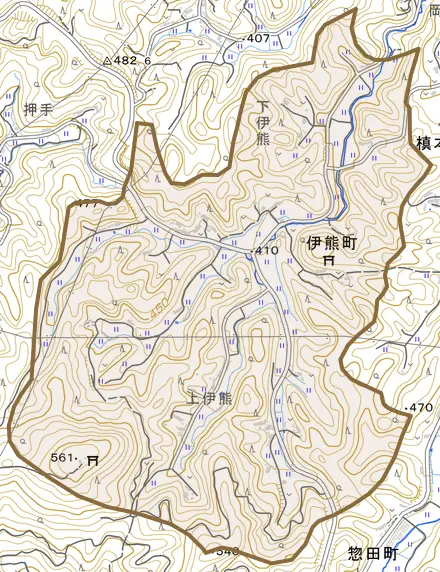 伊熊町とその周辺の地図。町の範囲を重ねている