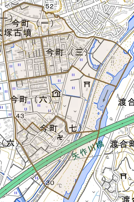 今町とその周辺の地図。町の範囲を重ねている
