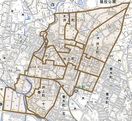井上町とその周辺の地図。町の範囲を重ねている