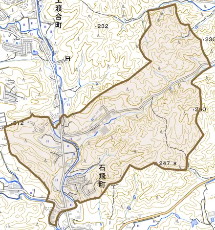 石飛町とその周辺の地図。町の範囲を重ねている
