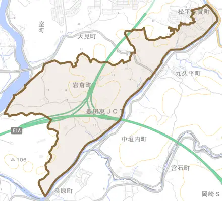 岩倉町とその周辺の地図。町の範囲を重ねている