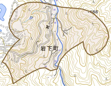 岩下町とその周辺の地図。町の範囲を重ねている