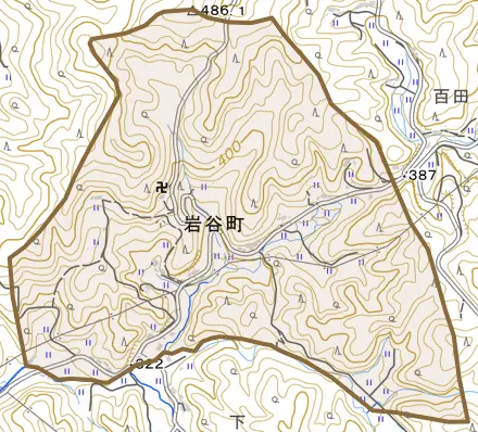 岩谷町とその周辺の地図。町の範囲を重ねている