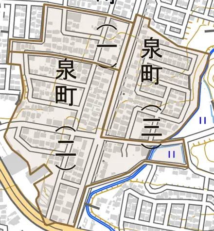泉町とその周辺の地図。町の範囲を重ねている