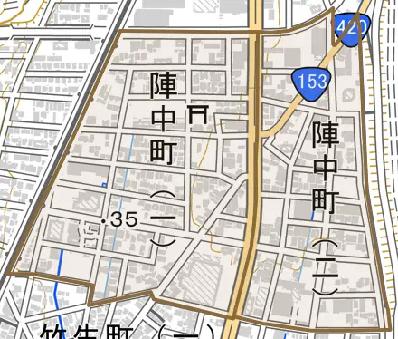 陣中町とその周辺の地図。町の範囲を重ねている
