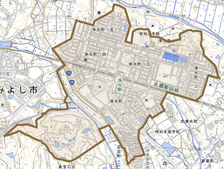 浄水町とその周辺の地図。町の範囲を重ねている