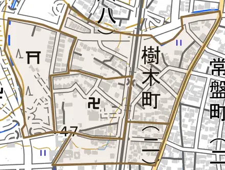 樹木町とその周辺の地図。町の範囲を重ねている