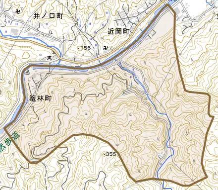 篭林町とその周辺の地図。町の範囲を重ねている