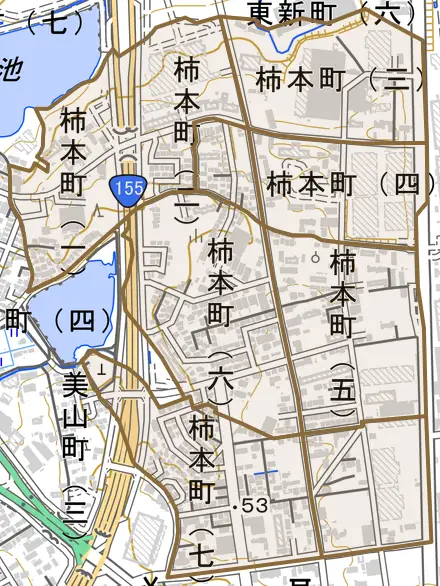 柿本町とその周辺の地図。町の範囲を重ねている
