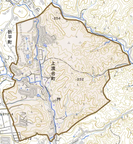 上渡合町とその周辺の地図。町の範囲を重ねている
