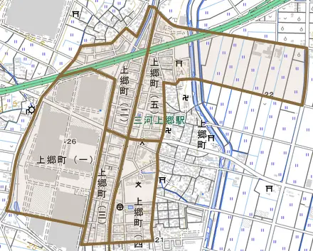 上郷町とその周辺の地図。町の範囲を重ねている