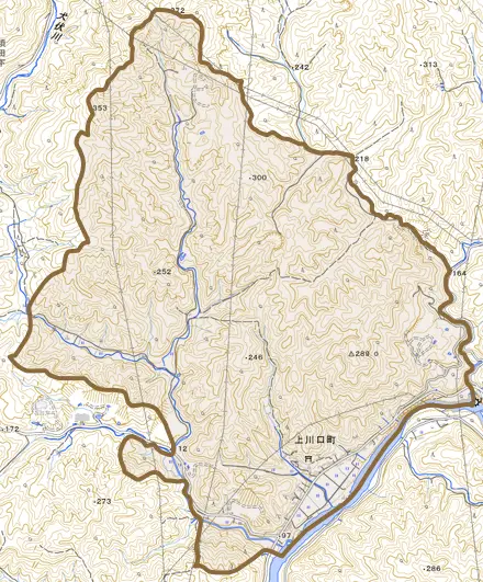 上川口町とその周辺の地図。町の範囲を重ねている