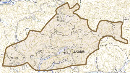 上切山町とその周辺の地図。町の範囲を重ねている