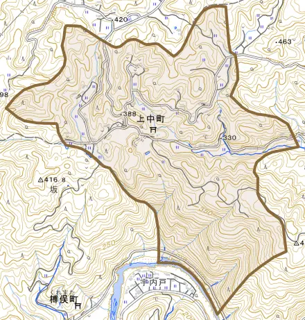 上中町とその周辺の地図。町の範囲を重ねている