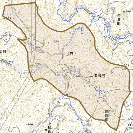 上佐切町とその周辺の地図。町の範囲を重ねている