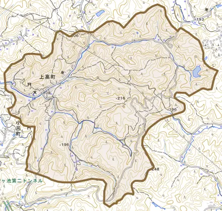 上高町とその周辺の地図。町の範囲を重ねている