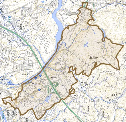 勘八町とその周辺の地図。町の範囲を重ねている