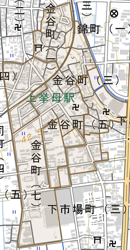 金谷町とその周辺の地図。町の範囲を重ねている
