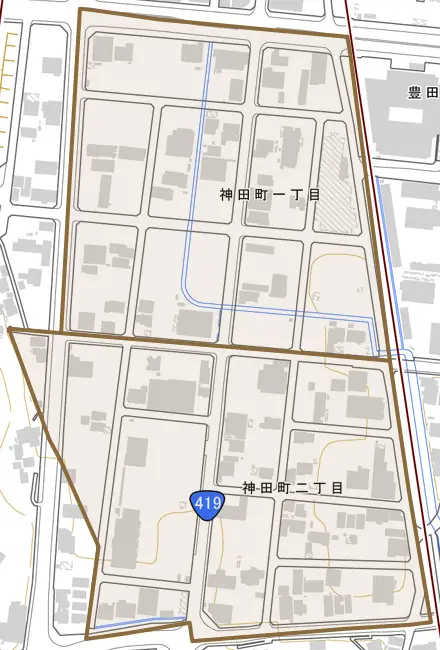 神田町とその周辺の地図。町の範囲を重ねている