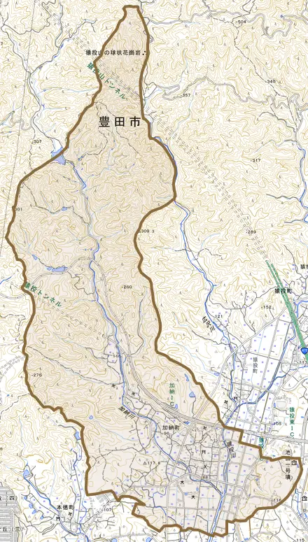 加納町とその周辺の地図。町の範囲を重ねている