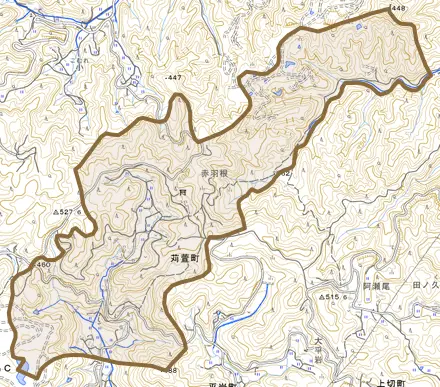 苅萱町とその周辺の地図。町の範囲を重ねている