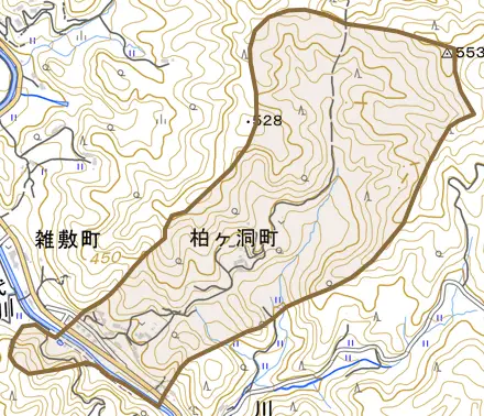 柏ケ洞町とその周辺の地図。町の範囲を重ねている