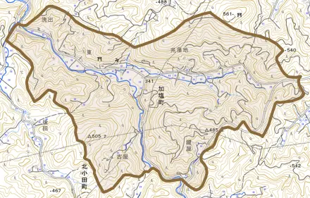 加塩町とその周辺の地図。町の範囲を重ねている