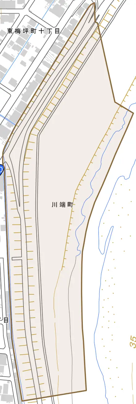川端町とその周辺の地図。町の範囲を重ねている
