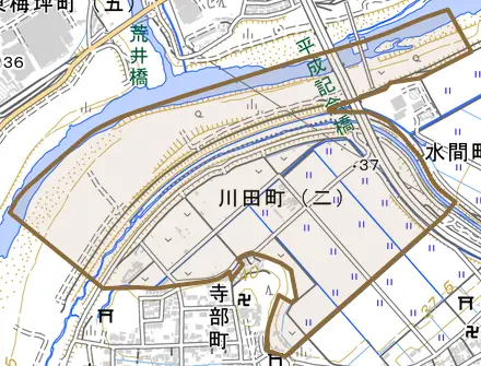 川田町とその周辺の地図。町の範囲を重ねている