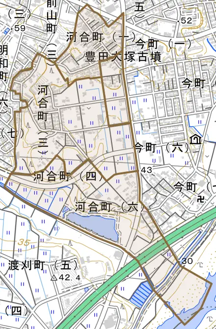 河合町とその周辺の地図。町の範囲を重ねている