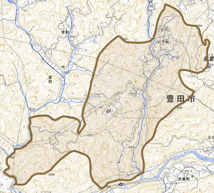 川下町とその周辺の地図。町の範囲を重ねている