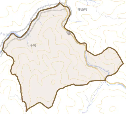 川手町とその周辺の地図。町の範囲を重ねている