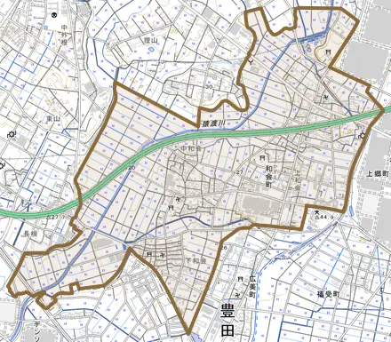 和会町とその周辺の地図。町の範囲を重ねている