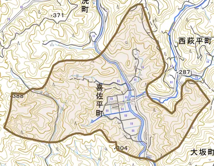 喜佐平町とその周辺の地図。町の範囲を重ねている