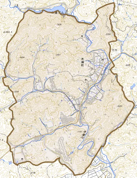 木瀬町とその周辺の地図。町の範囲を重ねている