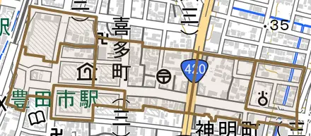 喜多町とその周辺の地図。町の範囲を重ねている