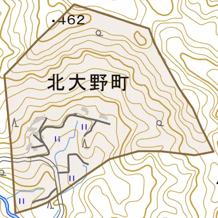 北大野町とその周辺の地図。町の範囲を重ねている