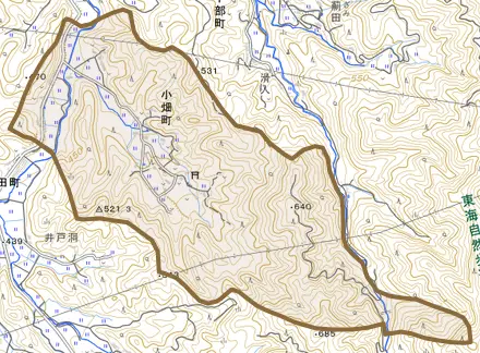 小畑町とその周辺の地図。町の範囲を重ねている