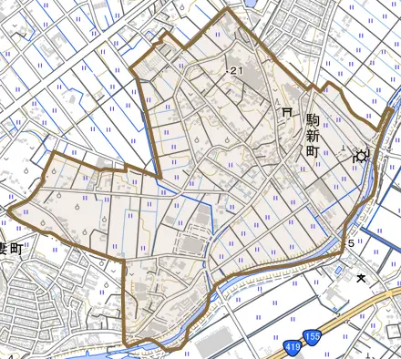 駒新町とその周辺の地図。町の範囲を重ねている