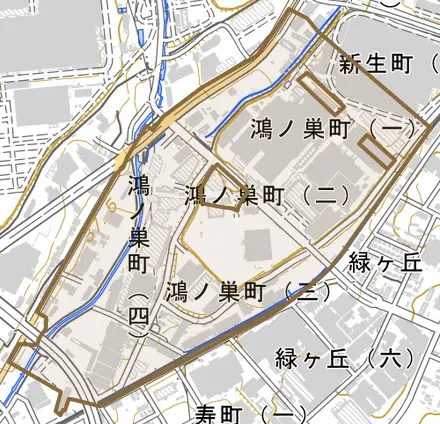 鴻ノ巣町とその周辺の地図。町の範囲を重ねている