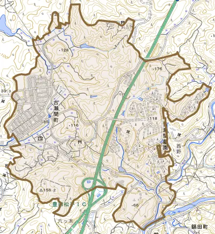 古瀬間町とその周辺の地図。町の範囲を重ねている