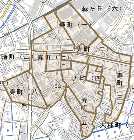 寿町とその周辺の地図。町の範囲を重ねている