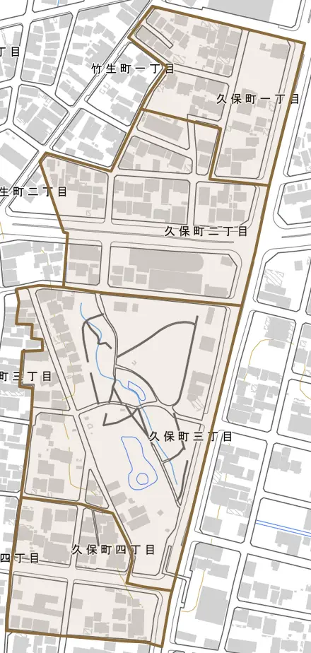 久保町とその周辺の地図。町の範囲を重ねている