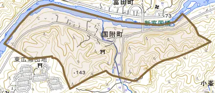 国附町とその周辺の地図。町の範囲を重ねている