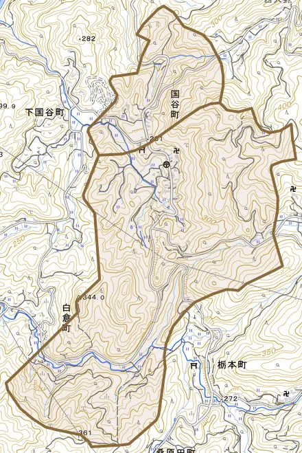 国谷町とその周辺の地図。町の範囲を重ねている