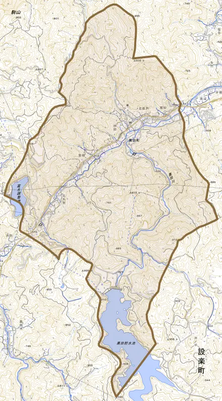 黒田町とその周辺の地図。町の範囲を重ねている