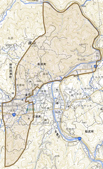 桑原町とその周辺の地図。町の範囲を重ねている