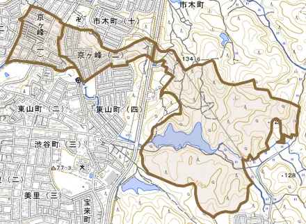 京ケ峰とその周辺の地図。町の範囲を重ねている