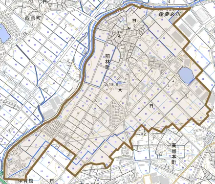 前林町とその周辺の地図。町の範囲を重ねている